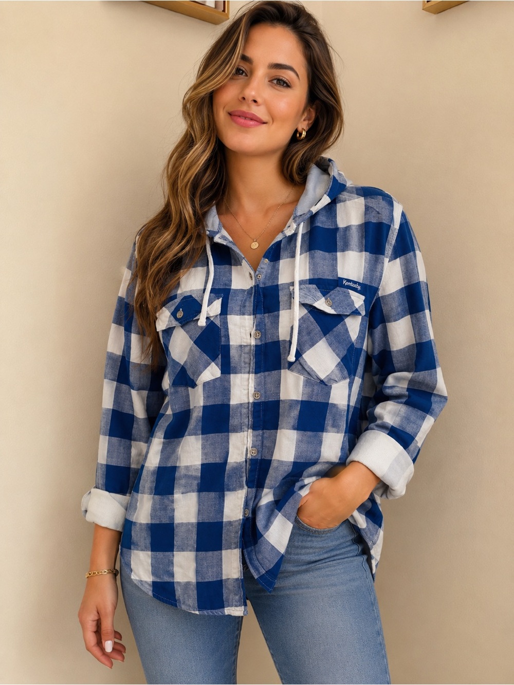 Columbia Blue and White Plaid Hooded Button-Down Shirt